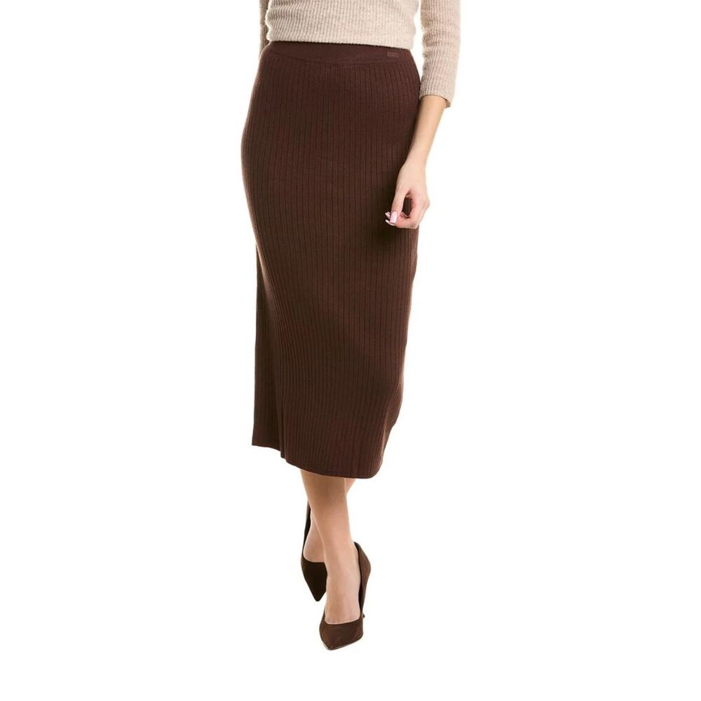Midi A-line Knit Skirt Max Studio Espresso Brown Pintuck Comfy Soft Lounge NEW - Picture 2 of 7